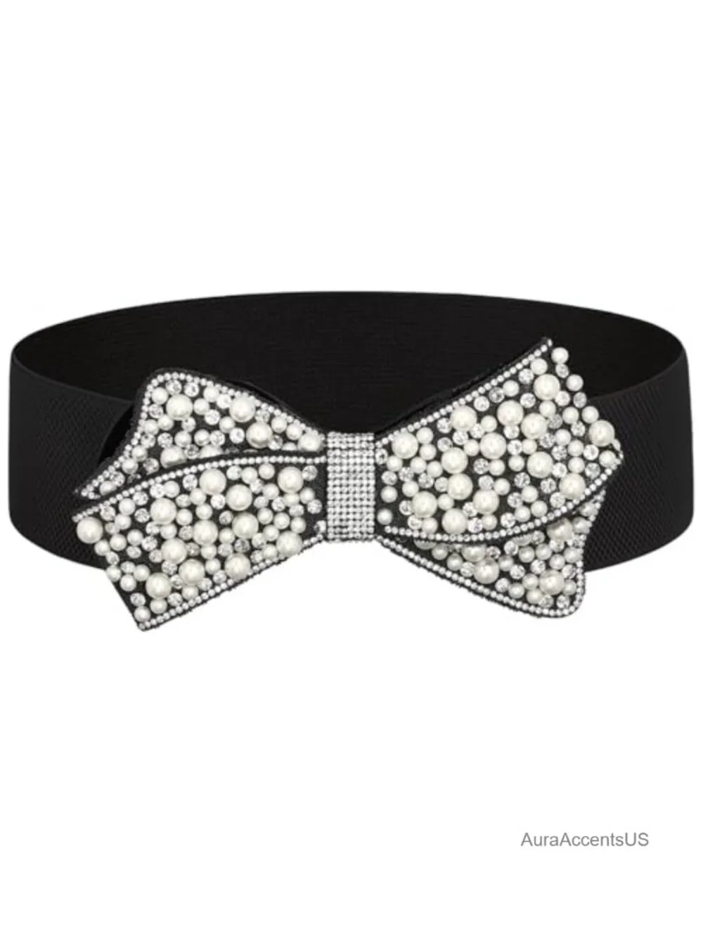 Elastic Pearl Belt Stretch Bow Tie Rhinestone Wide Waist Belt